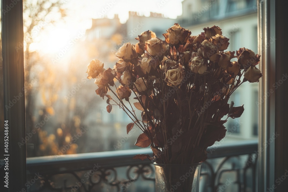 Dried roses bouquet in Parisian window, golden light.