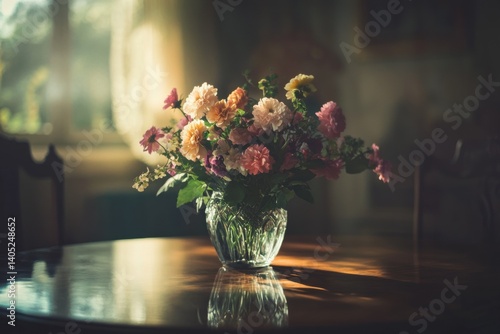 Obraz na płótnie Vibrant floral arrangement in a glass vase, bathed in sunlight. w salonie