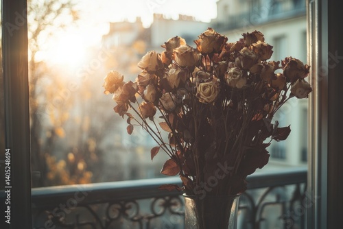 Obraz na płótnie Dried roses bouquet in Parisian window, golden light. w salonie