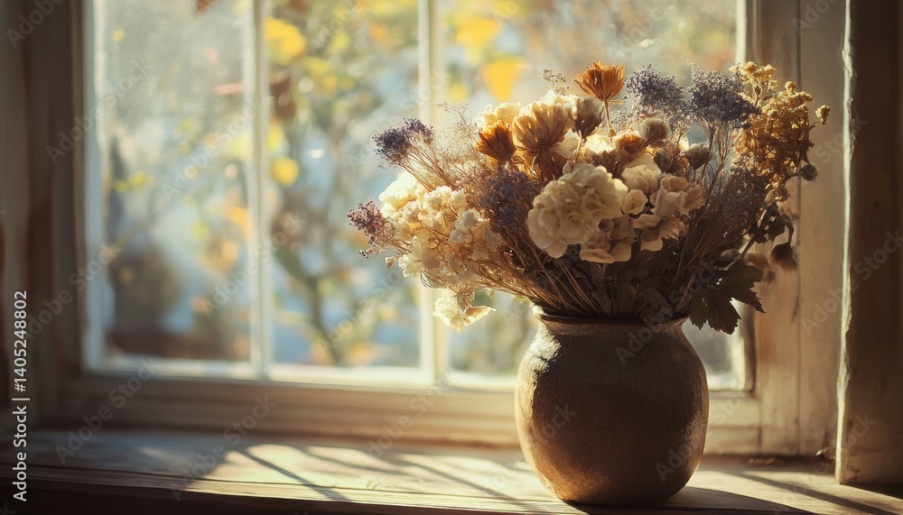 Dried flower bouquet in a rustic vase by a window.