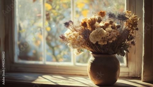 Obraz na płótnie Dried flower bouquet in a rustic vase by a window. w salonie