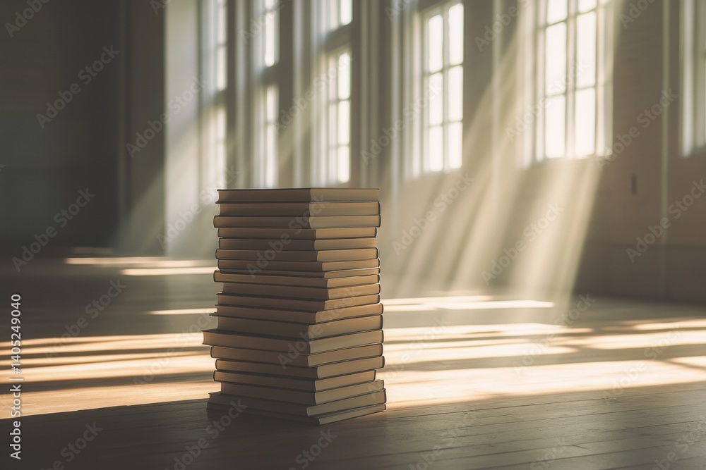 Stacked books in a sunlit room.