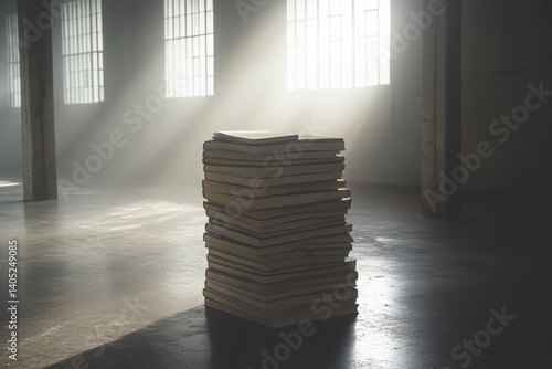 Stacked books in a spacious industrial interior.