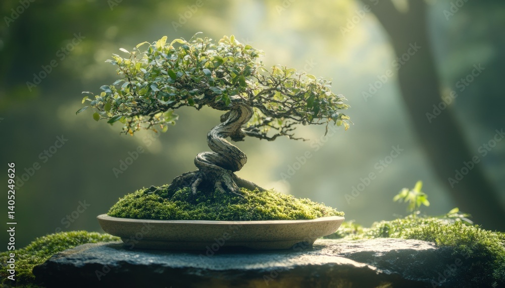 Graceful bonsai tree in a mossy pot.