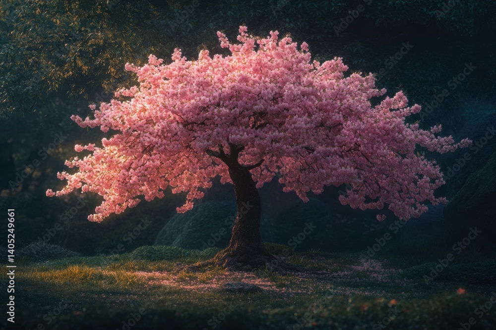 Serene blossom tree in twilight forest.