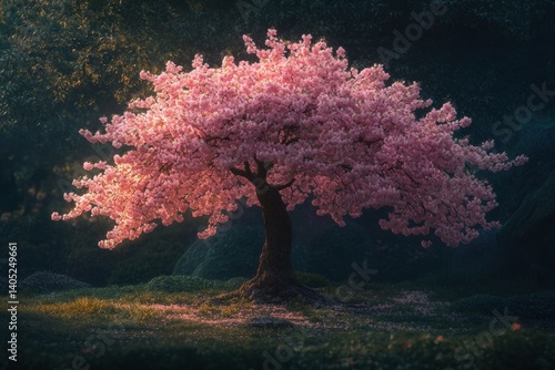 Obraz na płótnie Serene blossom tree in twilight forest. w salonie