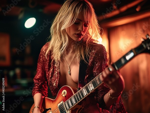 A blonde woman plays an electric guitar in a dimly lit room.