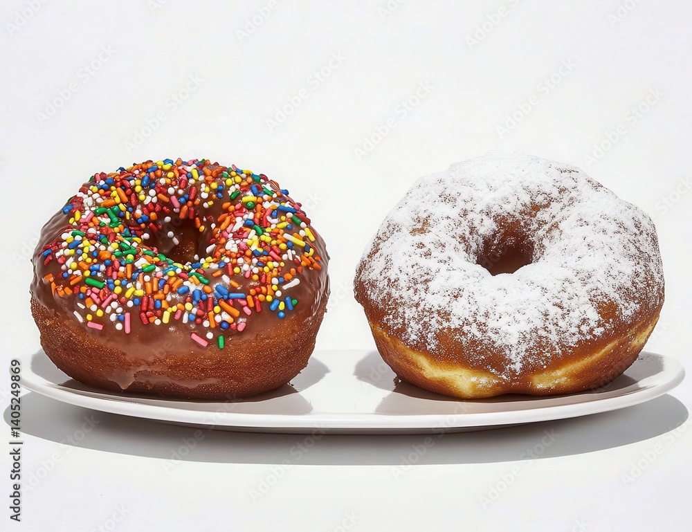 Two glazed donuts, one with sprinkles, one with powdered sugar Two glazed donuts, one with sprinkles, one with powdered sugar