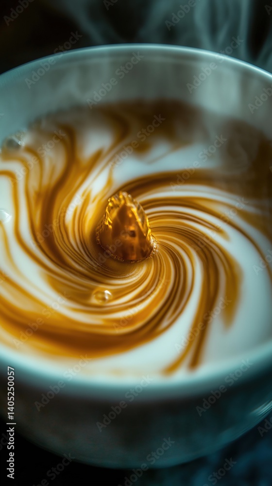 Fototapeta premium photo, Black tea and milk in a cup merge to form a swirling channel created by ai