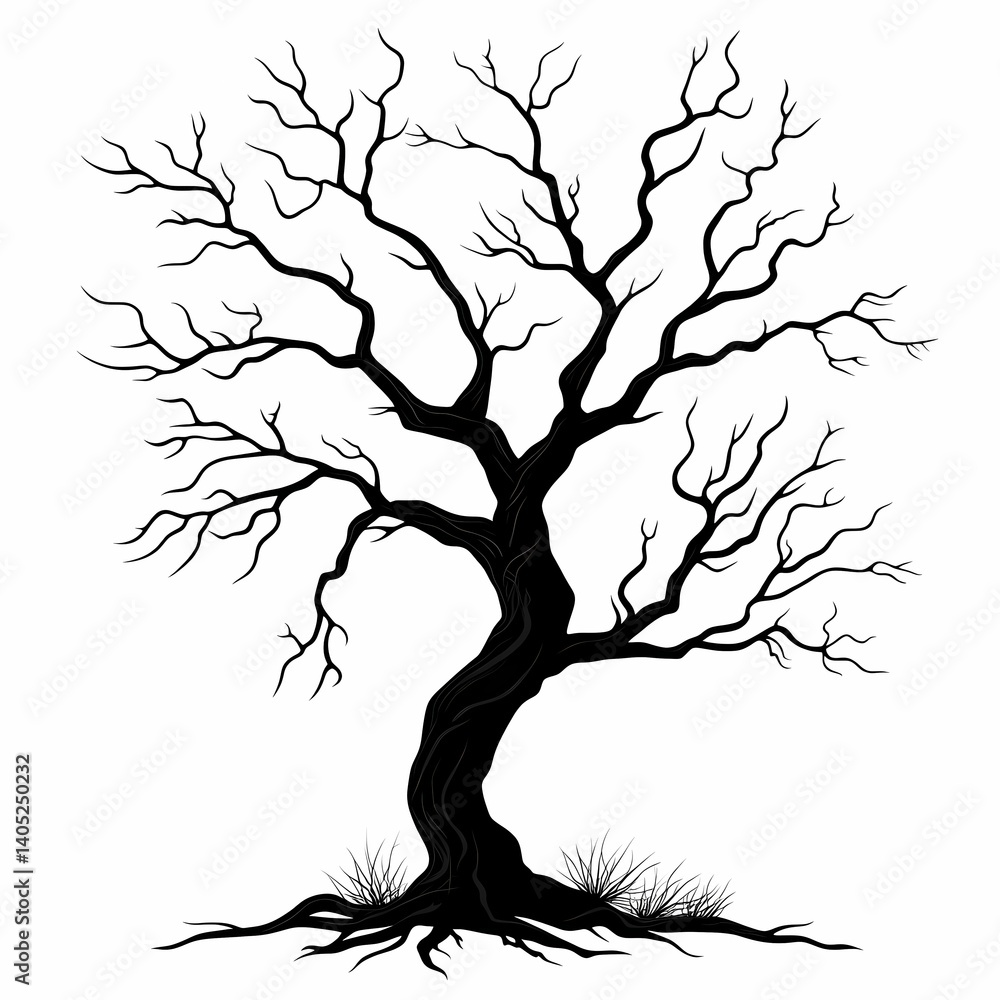 Obraz premium Dead Tree Silhouette. Artistic Black and White Barren Branches Vector Illustration for Spooky Seasonal Decor