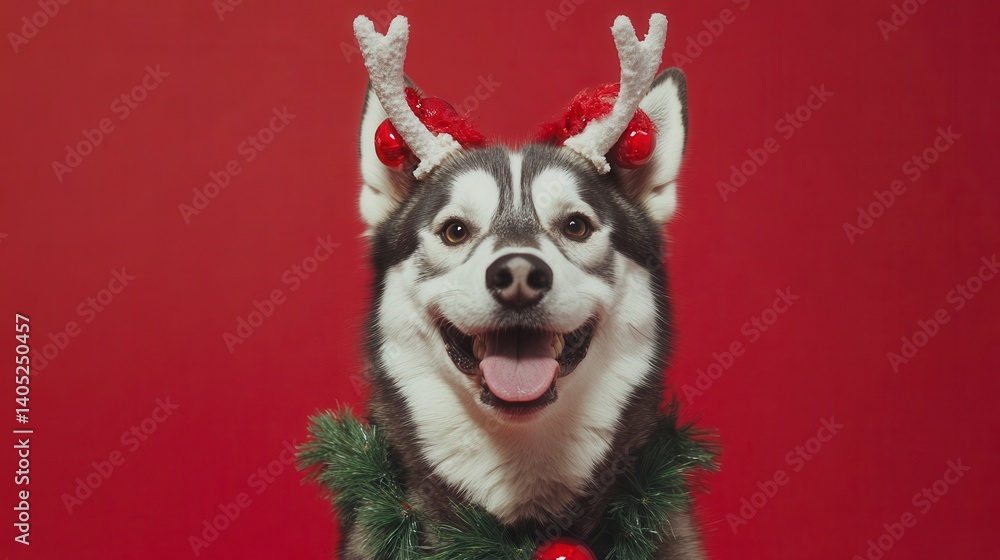 Happy husky dog wearing reindeer antlers and Christmas garland against red background. Happy husky dog wearing reindeer antlers and Christmas garland against red background.