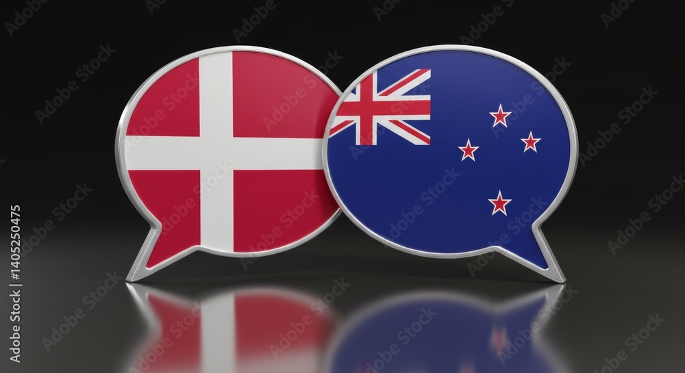 Obraz premium Denmark and New Zealand diplomatic dialogues 3D render on glossy surface