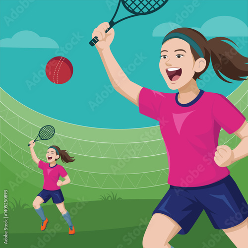 Female tennis player with a racket and ball celebrating on the court vector illustration