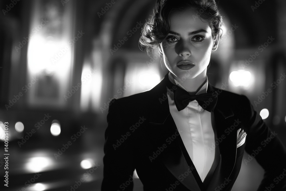 Stylish woman in a black tuxedo, radiating confidence.