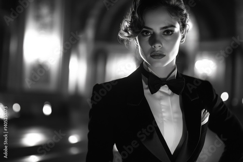 Stylish woman in a black tuxedo, radiating confidence.
