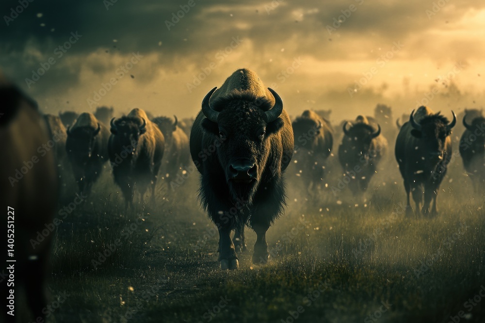 Majestic bison herd charging across a grassy plain.