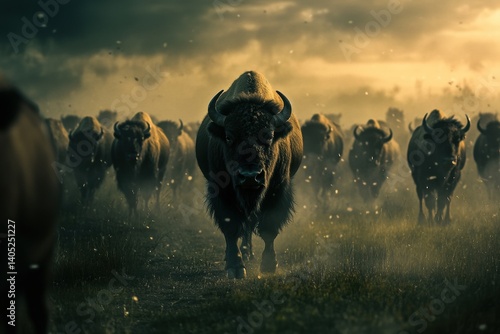 Obraz na płótnie Majestic bison herd charging across a grassy plain. w salonie