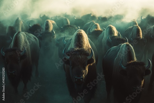 Obraz na płótnie A vast herd of bison charges through a dusty landscape. w salonie