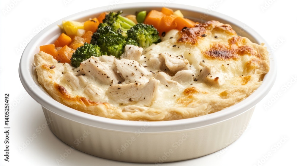 Baked chicken dish with creamy sauce and colorful vegetables in a white bowl Baked chicken dish with creamy sauce and colorful vegetables in a white bowl