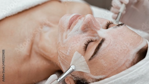 Middle aged female receiving facial anti-age foam mask in beauty salon. Skincare advertising concept. Cosmetology procedure. Woman Enjoying Wellness Treatments. 