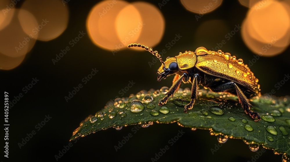 Golden beetle resting on a dew-kissed leaf at dusk.