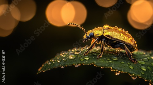 Obraz na płótnie Golden beetle resting on a dew-kissed leaf at dusk. w salonie