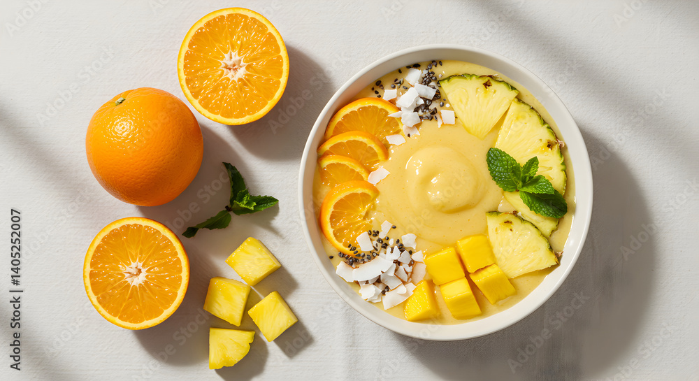 Invigorating Tropical Smoothie Bowl Displaying Fresh Fruits and Vibrant Colors Invigorating Tropical Smoothie Bowl Displaying Fresh Fruits and Vibrant Colors