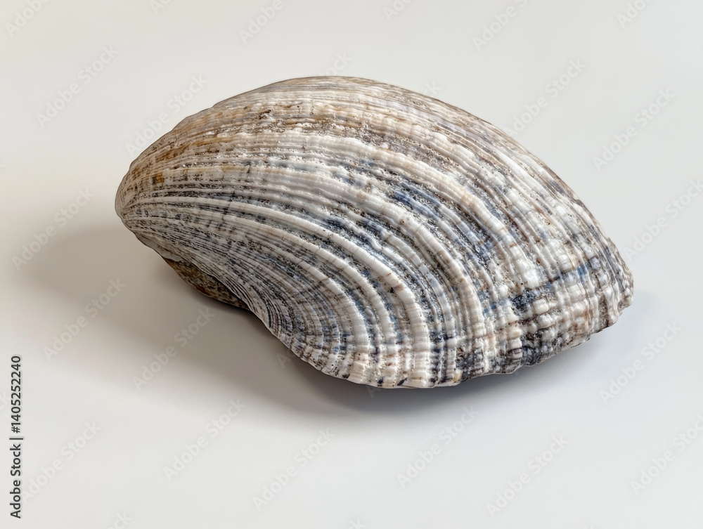 A single seashell on a white background showing intricate texture A single seashell on a white background showing intricate texture