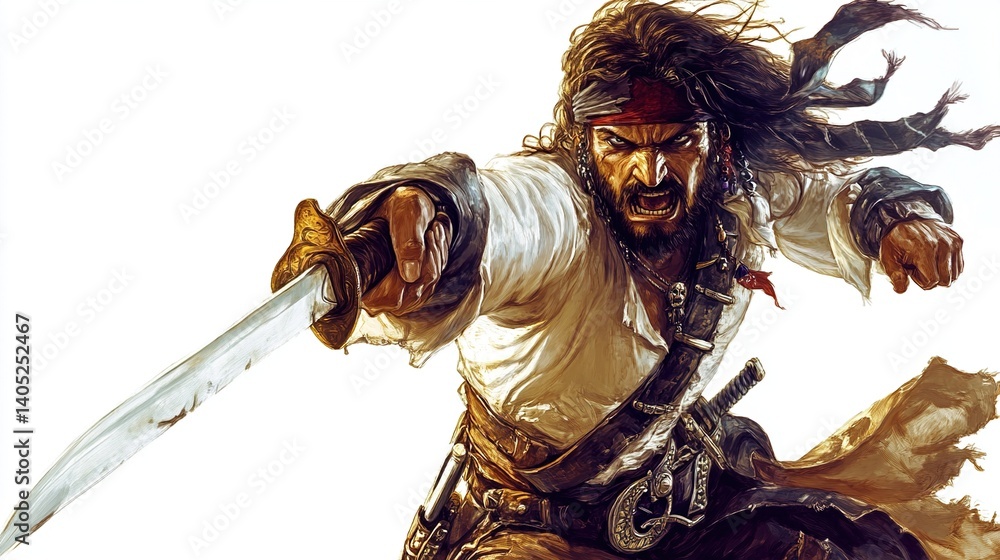 Fototapeta premium Aggressive pirate captain wielding a sword.