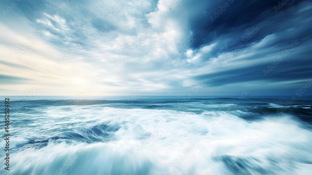 Obraz premium Ocean waves under a cloudy sky with sunlight breaking through.
