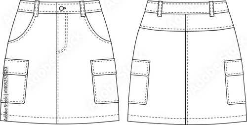 Editable technical flat sketch of a women’s cargo skirt with front closure, belt loops, patch pockets, and topstitching. Front and back views. For fashion design and tech packs.