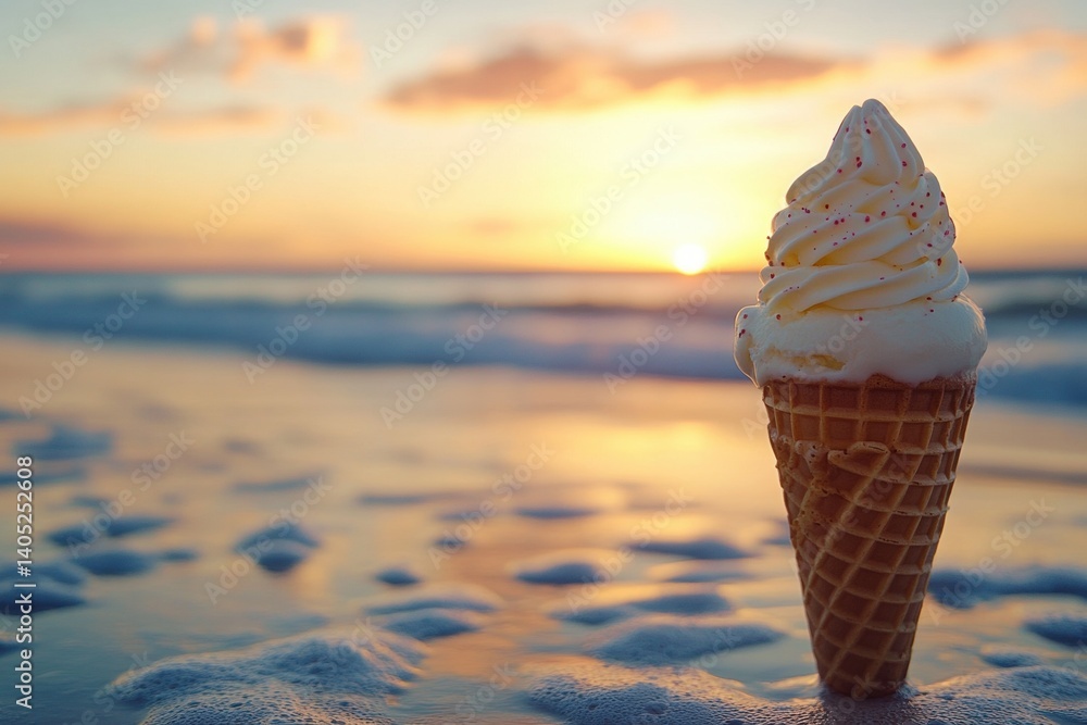 Sunset ice cream cone on a beach.