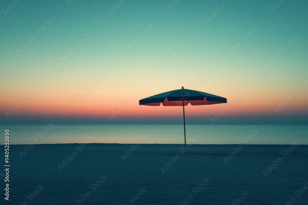 Empty beach umbrella at sunrise.