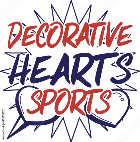 Decorative Hearts Sports , Minimalist design, Black and white, Sans-serif font, Stacked words, Graphic design, Artistic lettering, Geometric shapes, Contrast, Modern aesthetic, Clean lines, Adv