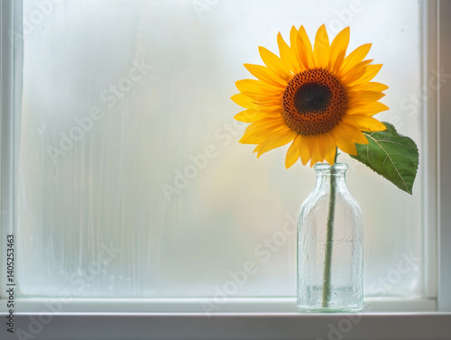A single sunflower in a vase on a windowsill