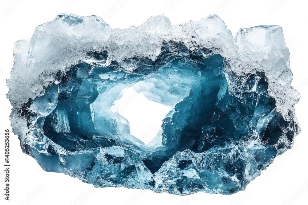 Fototapeta premium Blue ice crystal chunk with rough frosty texture and translucent center isolated on Transparent Background