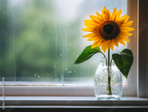 A single sunflower in a vase on a windowsill