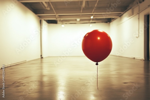 Solitary red balloon in a vast, empty gallery space.