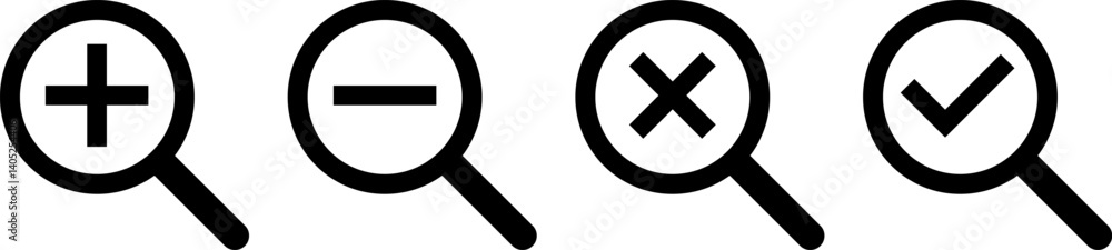 loupe icon set. loupe with check mark, cross mark. Search icon sign. Magnifying glass loupe symbol, magnifier signs collection loupe icon set. loupe with check mark, cross mark. Search icon sign. Magnifying glass loupe symbol, magnifier signs collection