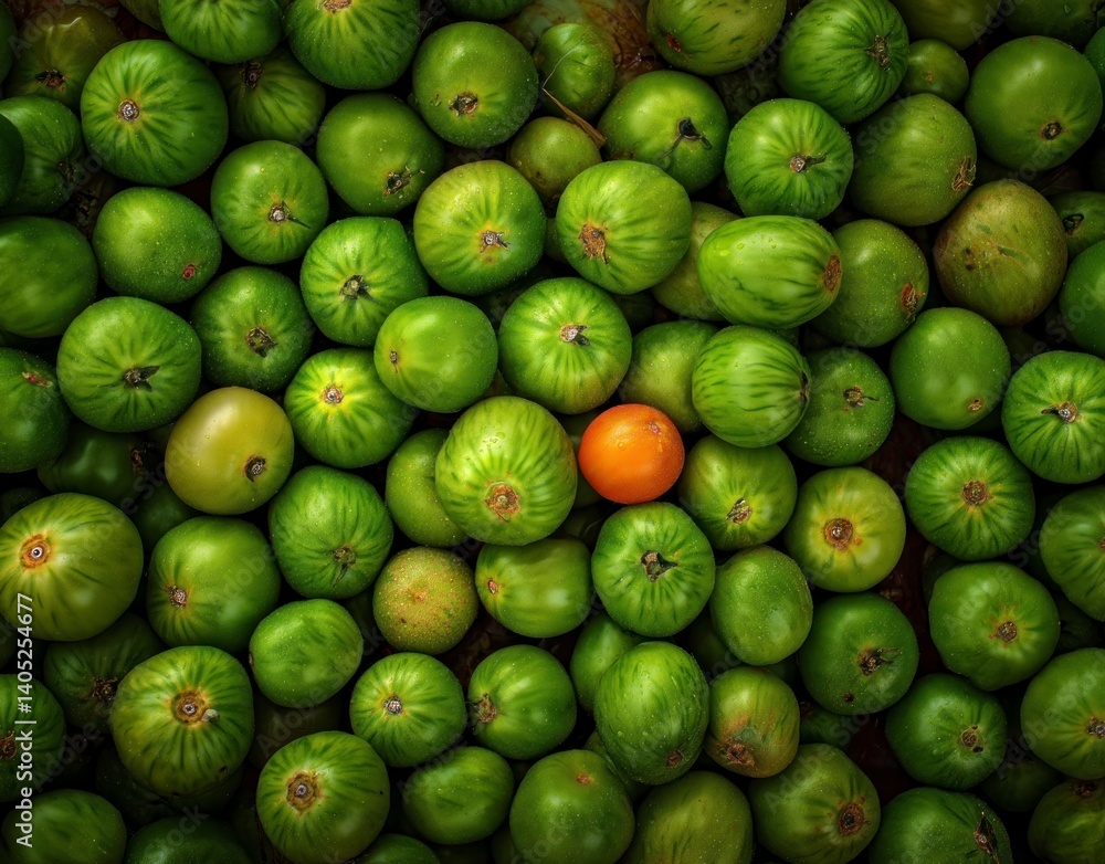 Green Tomatoes Pattern with Single Orange Tomato Contrasting Fresh Produce Green Tomatoes Pattern with Single Orange Tomato Contrasting Fresh Produce