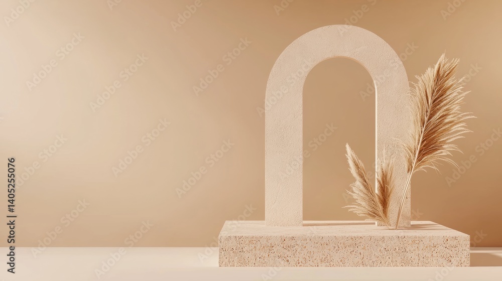 Fototapeta premium A beige stone archway with a plant on top, set against a plain beige wall.