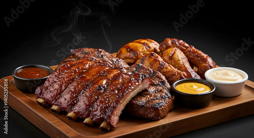Delicious platter featuring grilled barbecue ribs and chicken with assorted dips
