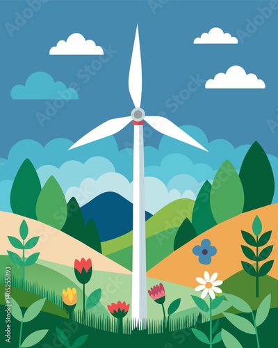 A solitary wind turbine standing tall in a field of wildflowers capturing the idea of embracing natural resources and the beauty of the earth while working towards a sustainable. Vector illustration