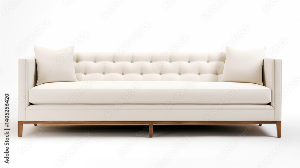 OffWhite ButtonTufted Sofa with Wooden Legs Two Pillows OffWhite ButtonTufted Sofa with Wooden Legs Two Pillows