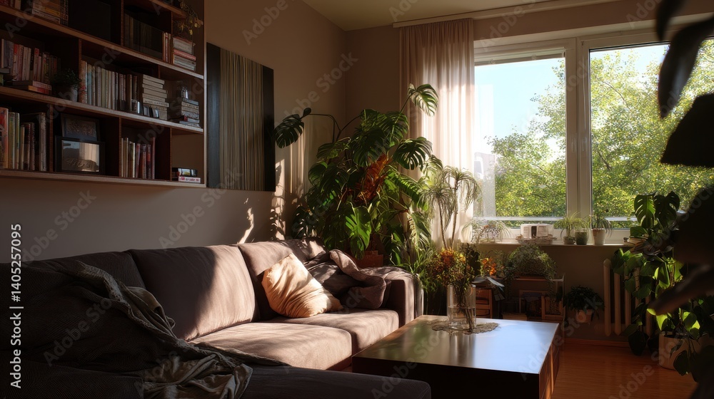 Sunlit living room with plants and a comfy couch. Sunlit living room with plants and a comfy couch.