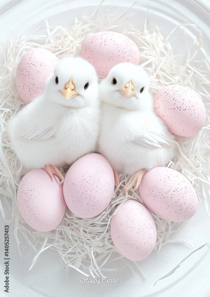 Easter Card with White Chicks and Pink Eggs on Pastel Background Easter Card with White Chicks and Pink Eggs on Pastel Background