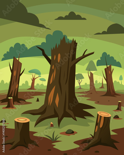 The haunting sight of tree stumps tered across the land remnants of the forest that once stood.. Vector illustration