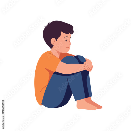 A young boy sitting on the floor with knees hugged to his chest in a flat vector illustration depicting feelings of contemplation and solitude