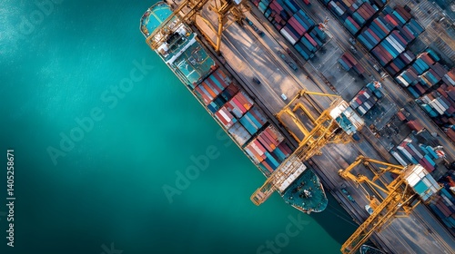 Fototapeta Naklejka Na Ścianę i Meble -  Aerial view shows a large container ship docked at a busy port terminal with stacked colorful containers and gantry cranes, deep teal water dominating the left side for clean composition.  