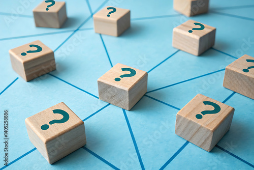 Wooden blocks with question marks on a blue background symbolize curiosity and seeking answers in learning and exploration